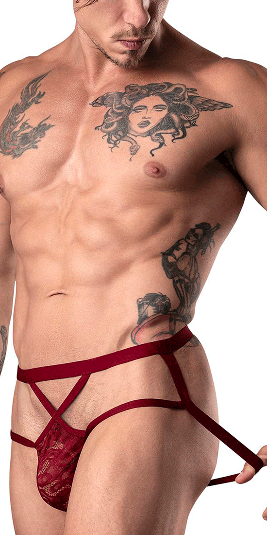 Male Power 394-289 Lucifer Strappy Jock Burgundy