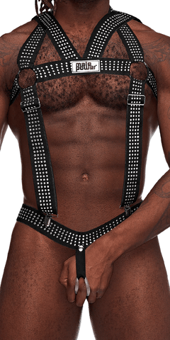 Male Power Pak-892 Elastic Studded Harness With Ring Black